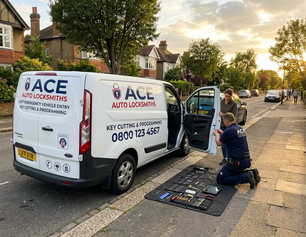 The van at a roadside job, a locksmith working at the driver's door