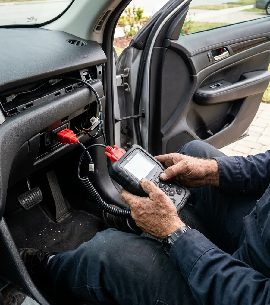 A key being programmed at the car with a handheld programmer